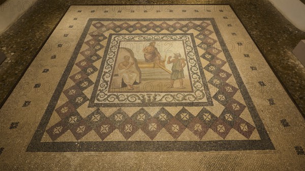 Ancient floor mosaic with complex geometric patterns and figurative depictions, Roman House of