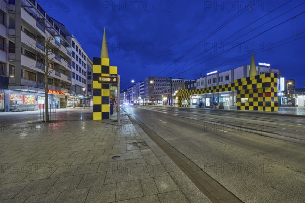 Steintor tram stop, designer Alessandro Mendini, general architecture, blue hour in the evening,
