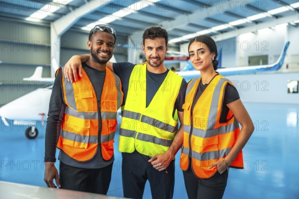 Three aircraft maintenance technicians wearing high visibility vests stand together in an aircraft