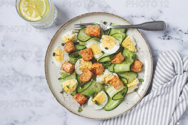 Delicious salmon and egg salad served on a plate with fresh cucumber and herbs for a healthy meal