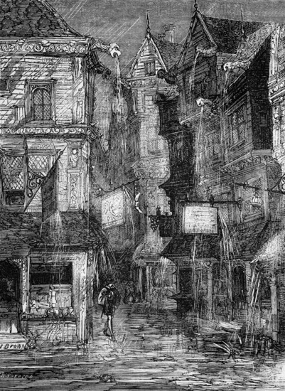 During the reign of Queen Elizabeth I, a 16th century street during a torrential downpour in