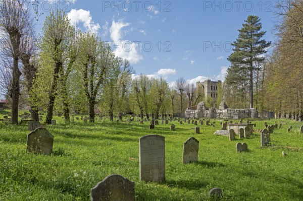 Norman tower, also called church gate, graveyard, gravestones, Bury St Edmunds, West Suffolk,