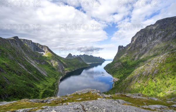 View of Øyfjorden fjord and mountains, fjord landscape with mountain peaks, hike to Barden