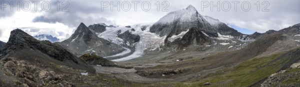 Mountain hut Cabane des Dix in front of glacier Glacier de Cheilon and summit Mont Blanc de