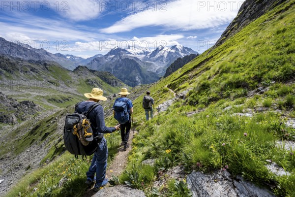 Mountaineer on hiking trail in mountain landscape, descent at Col du Louvie, view of glaciated