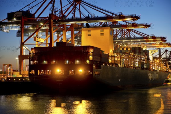 Container ships at the Eurogate container terminal in the evening with an atmospheric sunset,