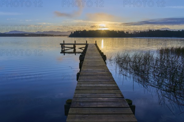 Wooden jetty reaches into the lake as the sunrise illuminates the dawn on Lake Mahinapua, Ruatapu,