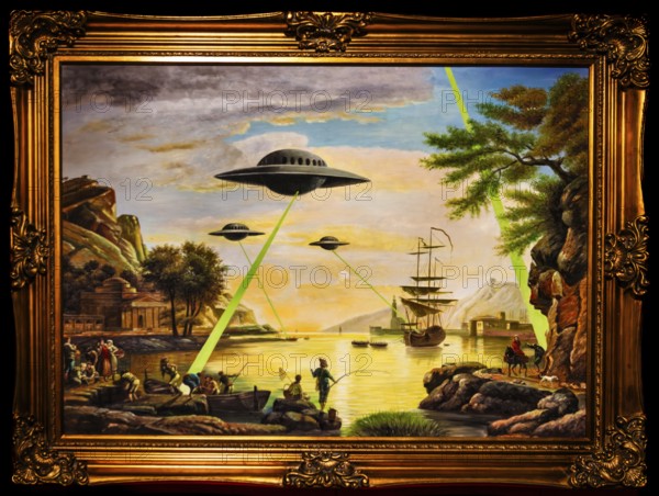 Banksy - UFO, conflict between modern and historical era, science fiction meets impressionism,