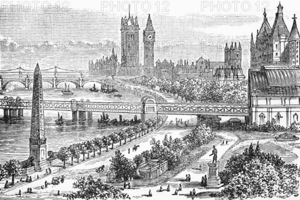 Cleopatra's Needle, the Houses of Parliament, bridges and banks, the Thames, c. 1870, London,