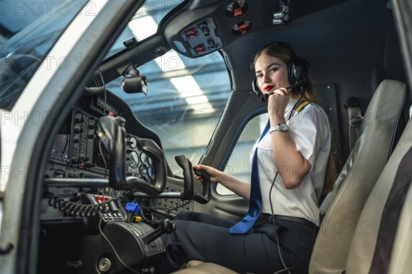 Confident female pilot preparing for takeoff, sitting in the cockpit of a small airplane, adjusting