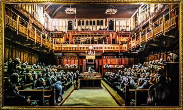 Banksy - Devolved Parliament, Chimpanzees take over the House of Commons, 2009, Bristol Museum,