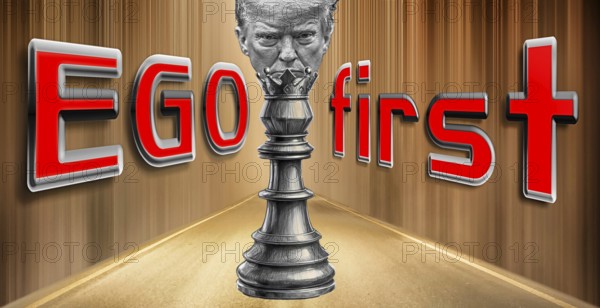 Symbolic image, Trump as egomaniacal chess king, towers over the USA, Bitcoin king, kleptocracy,