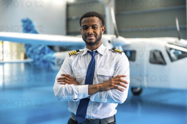Portrait of a smiling pilot standing with arms crossed in front of a small passenger airplane