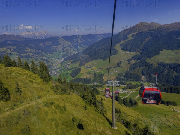 Tyrolean mountains near Saalbach-Hinterglemm, 12er Kogel cable car with view of Saalbach, Tyrol,