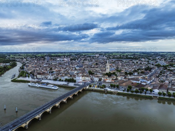 Twilight over Libourne from a drone, Gironde, Nouvelle-Aquitaine, Saint-Émilion and Pomerol,