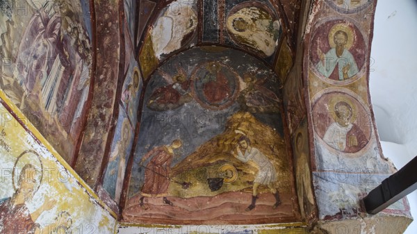 Medieval fresco with religious figures and a mountain scene, Burial of St John the Apostle,
