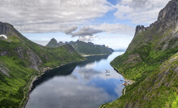 View of Øyfjorden fjord and mountains, fjord landscape with mountain peaks, hike to Barden