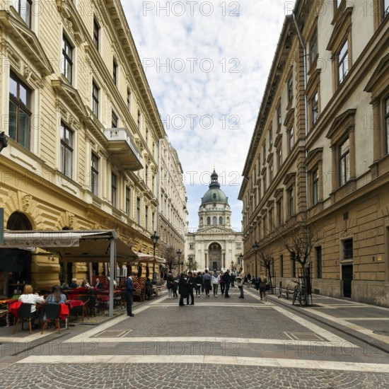 Tourists in Zrínyi Street, Basilica at the end of the pedestrian zone, St Stephen's Basilica,