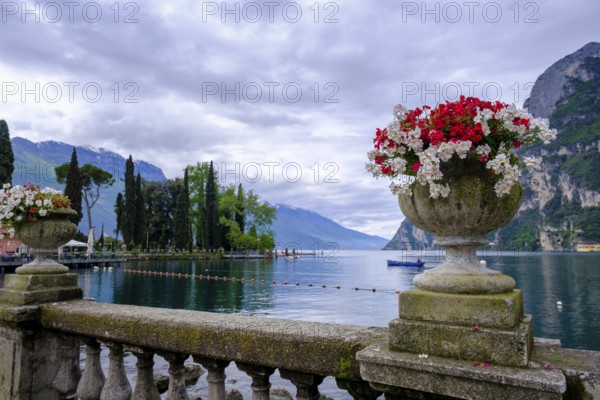 Flower amphora, Punta Lido, promenade, spa gardens, Riva del Garda, Lake Garda, Trentino,