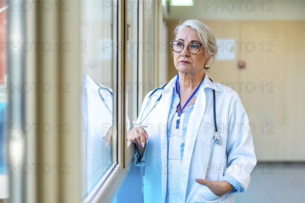 Thoughtful senior female doctor wearing lab coat and stethoscope looking through window in hospital