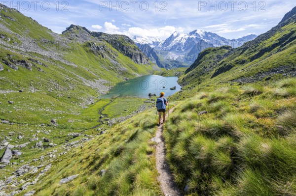 Mountaineer on hiking trail in picturesque mountain landscape, view of mountain lake Lac du Louvie