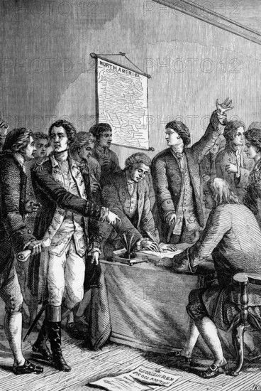 The signing of the American Declaration of Independence in the Pennsylvania State House. A