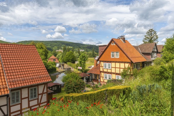 Lock system of the Werra with lock house, old fishermen's settlement, Bad Sooden, Allendorf,