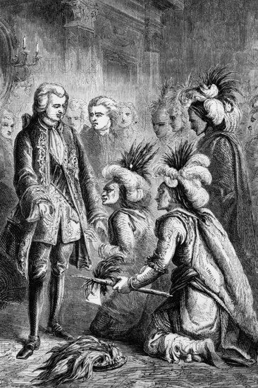 A visiting group of Indians from the North American colonies at the court of George III in London,