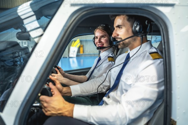 Male and female pilots, wearing headsets and smiling, operating a small airplane inside a hangar,