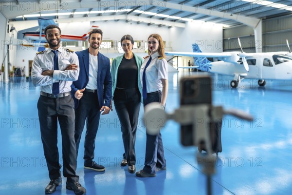 Pilots and a manager recording a video on a smartphone mounted on a tripod inside an aircraft