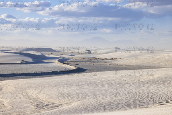 Cleared roads through the white gypsum dunes at White Sands National Park in Alamogordo, New