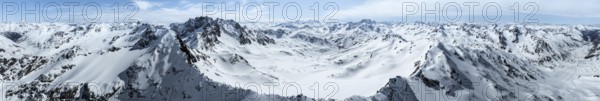 Alpine panorama, aerial view in winter at Piz Grialetsch, Albula Alps, Rhaetian Alps, Grisons,