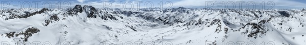 Alpine panorama, aerial view in winter, Albula Alps, Rhaetian Alps, Grisons, Eastern Switzerland,