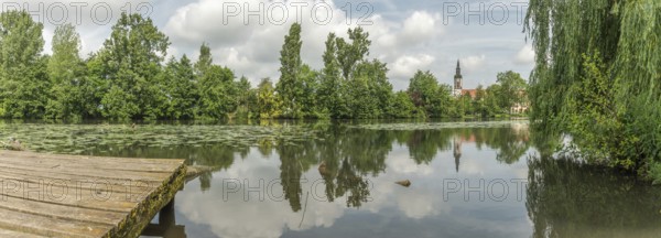 A lake with a tree in the background. The water is calm and still. A building can be seen in the
