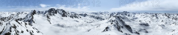 Alpine panorama, aerial view in winter, Albula Alps, Rhaetian Alps, Grisons, Eastern Switzerland,