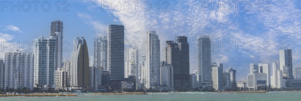 Colombia, scenic Cartagena bay Bocagrande and panorama of financial and business city skyline,