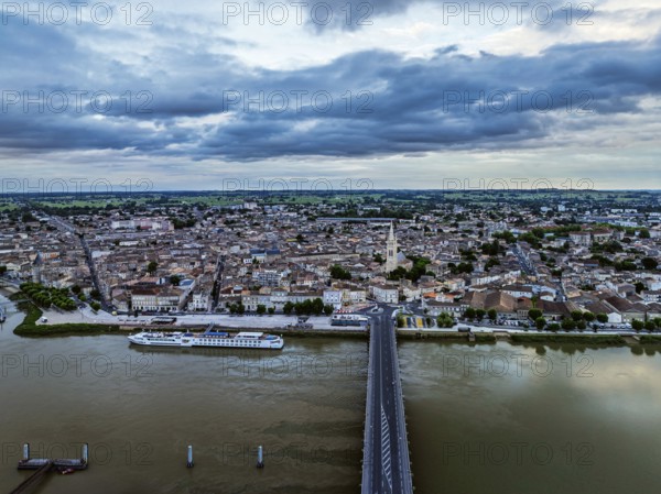 Twilight over Libourne from a drone, Gironde, Nouvelle-Aquitaine, Saint-Émilion and Pomerol,