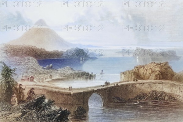 Pontoon bridge, Lough Conn, Ireland, from the Landscape and Antiquities of Ireland, 1841, digital