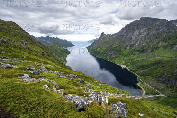 View of Øyfjorden fjord and mountains, fjord landscape with mountain peaks, hike to Barden