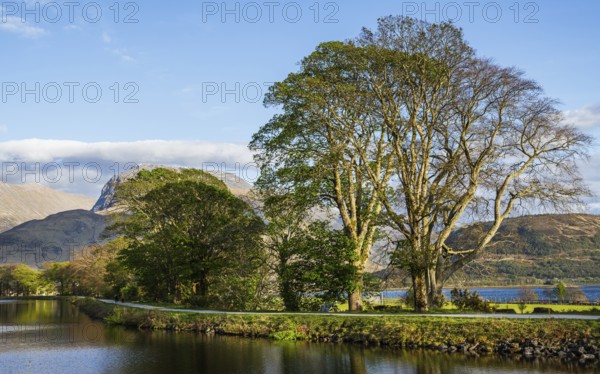 Caledonian Canal, Caol Beach and Nevis Range Mountains, Corpach, Fort William, Highland, Scotland,