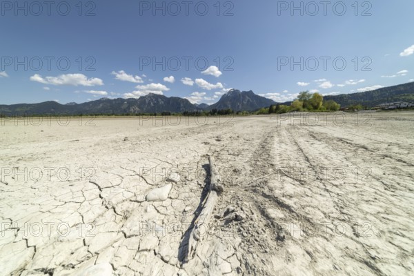 Cracked, dried out ground, waterless Forggensee in spring, behind it Tegelberg massif and Säuling,