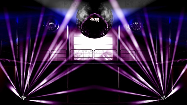 Night club interior with colorful spot lights, lasers and shining mirror disco balls artistic light