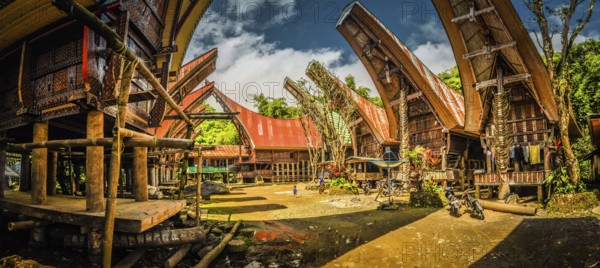 Sulawesi, Indonesia, May 2015: Photo of tongkonans, traditional ancestral houses with boat-shaped
