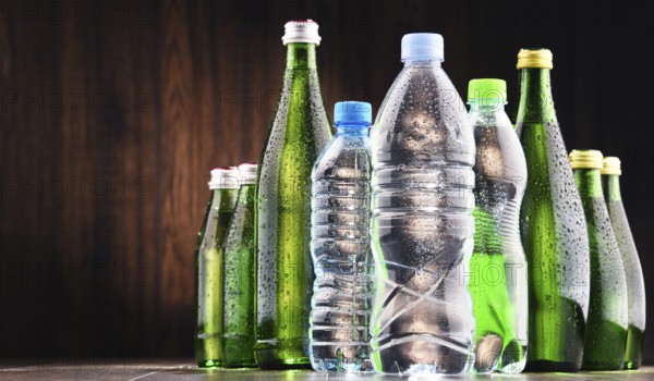 Composition with different sorts of bottles containing mineral water