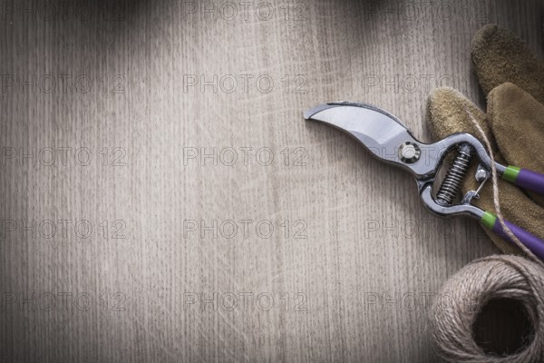 Brown leather gardening gloves secateurs and rope on wooden board copy space image agriculture