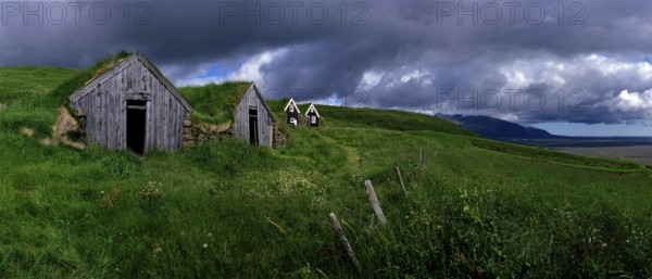 Typical wooden huts with grass on the roofs, Iceland, Typical wooden huts with grass on the roofs,