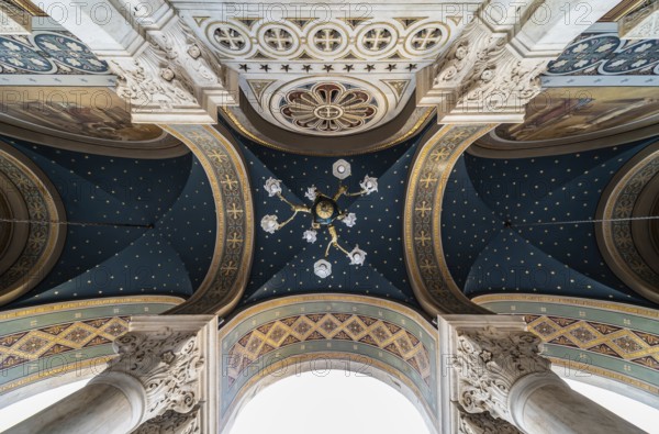Athens Old Town, Attica, Greece, 12 28 2019 Decorated ceiling and pillars of the entrance of the