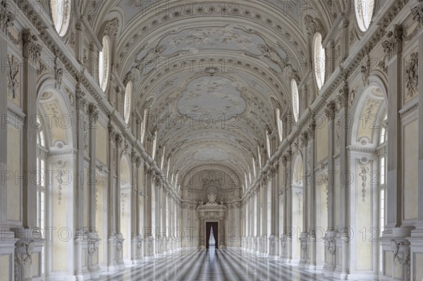 Elongated, elegant Baroque corridor with marble decorations, Palace of Venaria Reale, Residences of