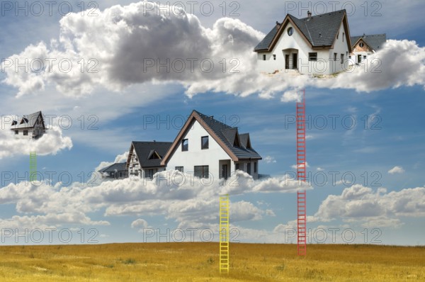 Houses on the clouds and ladders. Abstract concept for smart houses and cloud networks. New build