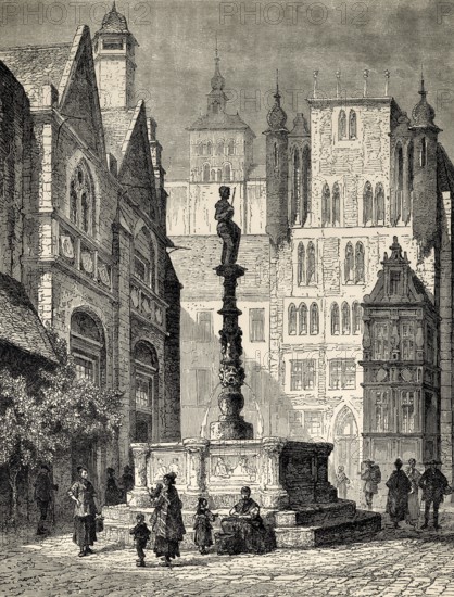 Roland fountain in front of the town hall, Historic Market Place, Hildesheim, Lower Saxony,